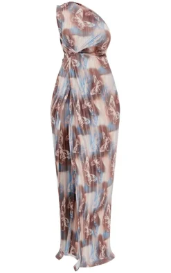 Butterfly Print Plisse Knotted Split Detail Maxi Dress-PrettyLittleThing Hot
