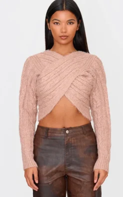 PrettyLittleThing Wrap Tops*Cable Knitted Wrap Front Cropped Sweater