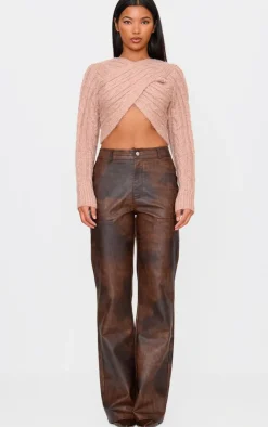 PrettyLittleThing Wrap Tops*Cable Knitted Wrap Front Cropped Sweater