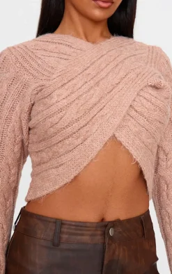 PrettyLittleThing Wrap Tops*Cable Knitted Wrap Front Cropped Sweater