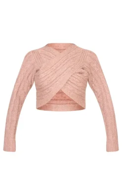 PrettyLittleThing Wrap Tops*Cable Knitted Wrap Front Cropped Sweater