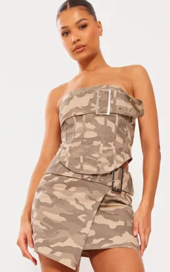 Online PrettyLittleThing Camo Buckle Detail Denim Bandeau Top Brown