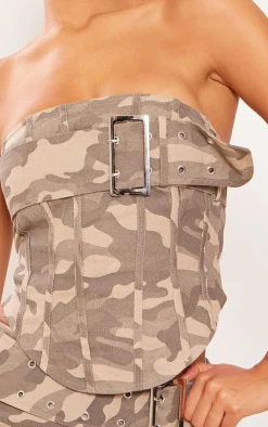 Online PrettyLittleThing Camo Buckle Detail Denim Bandeau Top Brown