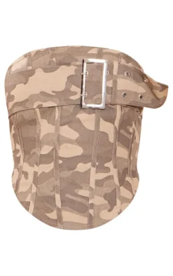 Online PrettyLittleThing Camo Buckle Detail Denim Bandeau Top Brown
