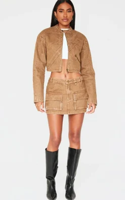 Hot PrettyLittleThing Cargo Pocket Detail Denim Mini Skirt Brown