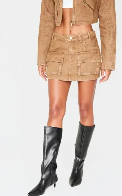 Hot PrettyLittleThing Cargo Pocket Detail Denim Mini Skirt Brown