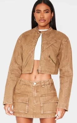 Hot PrettyLittleThing Cargo Pocket Detail Denim Mini Skirt Brown