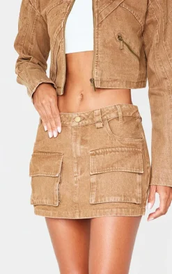 Hot PrettyLittleThing Cargo Pocket Detail Denim Mini Skirt Brown