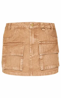 Hot PrettyLittleThing Cargo Pocket Detail Denim Mini Skirt Brown