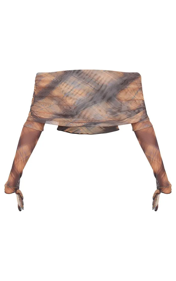 Brown Check Mesh Ultra Long Drape Sleeve Crop Top