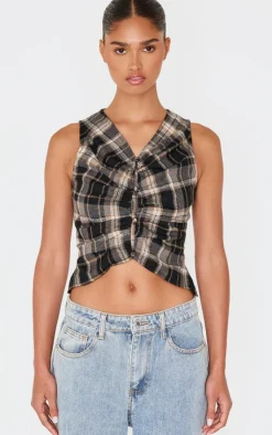 PrettyLittleThing Sleeveless Tops*Check Ruched Front Long Top