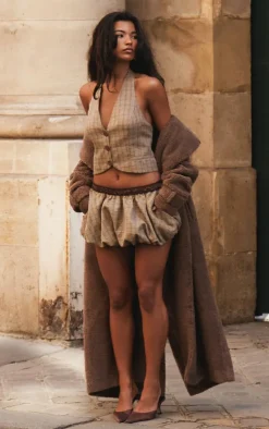 PrettyLittleThing Check Woven Tailored Puff Ball Waistband Skirt Brown