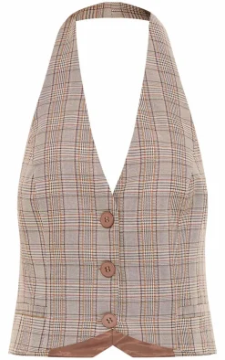 Clearance PrettyLittleThing Check Woven Tailored Halterneck Vest Brown