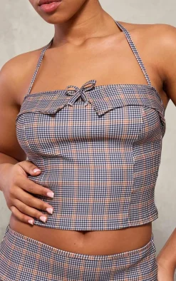 Sale PrettyLittleThing Checked Stretch Woven Halterneck Contrast Binding Long Top Brown