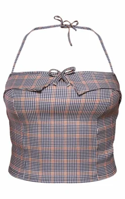 Sale PrettyLittleThing Checked Stretch Woven Halterneck Contrast Binding Long Top Brown