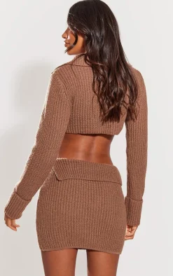 Discount PrettyLittleThing Chunky Knit Chain Cropped Cardigan Brown
