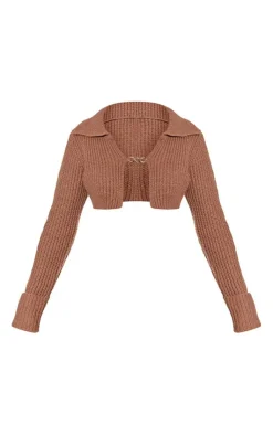 Discount PrettyLittleThing Chunky Knit Chain Cropped Cardigan Brown