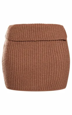 Discount PrettyLittleThing Chunky Knit Fold Over Mini Skirt Brown