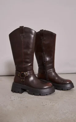 PrettyLittleThing Ankle Boots*Cleated Sole Buckle Ring Detail Mid Calf Boots