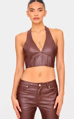 Sale PrettyLittleThing Coated Denim Seam Detail Halterneck Top Brown