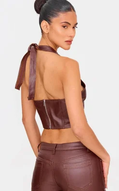 Sale PrettyLittleThing Coated Denim Seam Detail Halterneck Top Brown