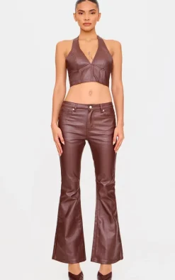 Sale PrettyLittleThing Coated Denim Seam Detail Halterneck Top Brown