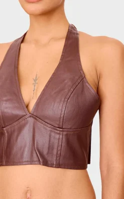 Sale PrettyLittleThing Coated Denim Seam Detail Halterneck Top Brown