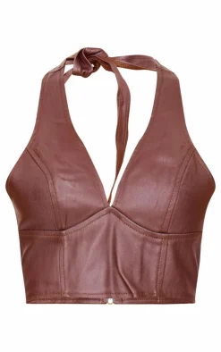 Sale PrettyLittleThing Coated Denim Seam Detail Halterneck Top Brown