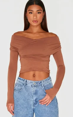 PrettyLittleThing Snatched*Contour Jersey Bardot Foldover Long Sleeve Top