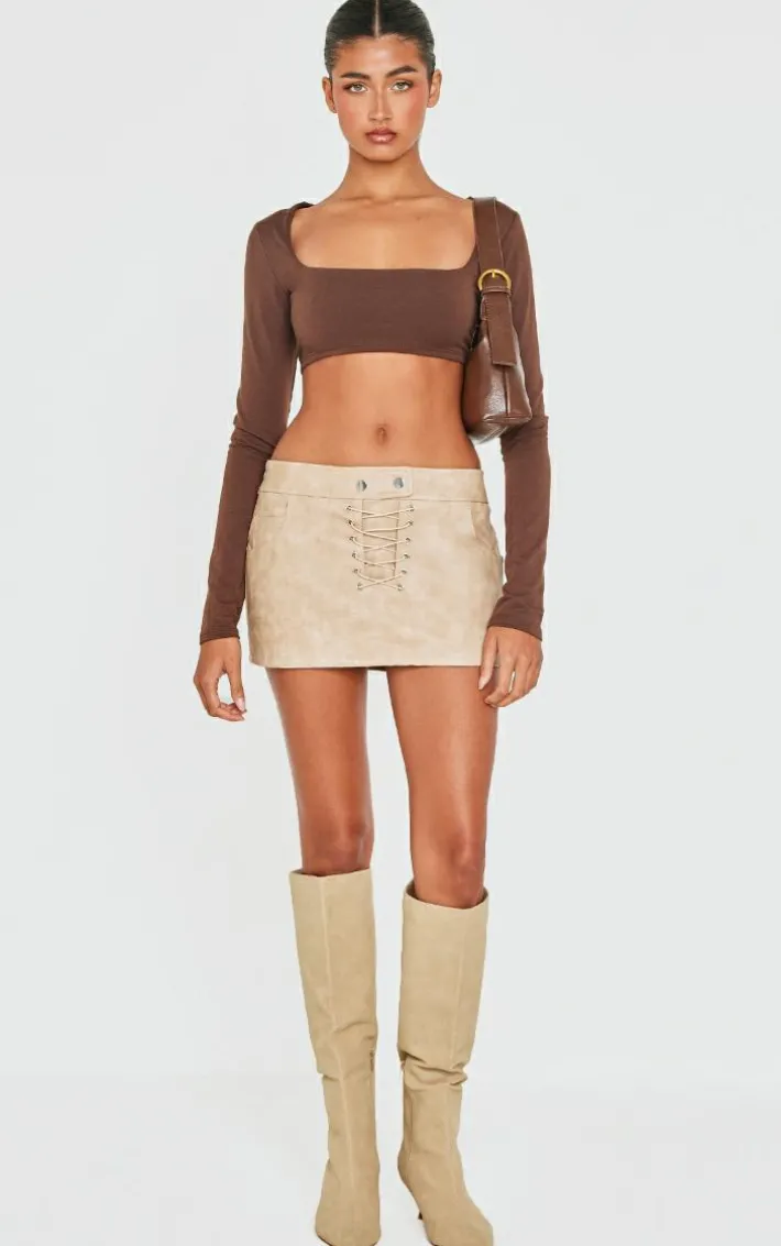 Brown Contour Jersey Square Neck Crop Top