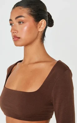 Brown Contour Jersey Square Neck Crop Top