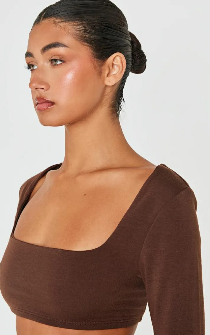 Brown Contour Jersey Square Neck Crop Top