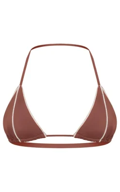 Brown Contrast Stitch Triangle Bikini Top