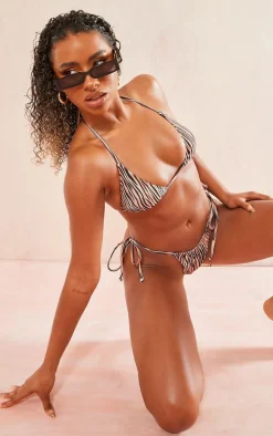 Brown Contrast Stripe Triangle Bikini Top