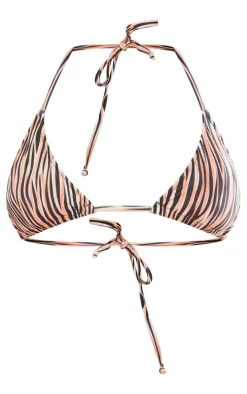 Brown Contrast Stripe Triangle Bikini Top