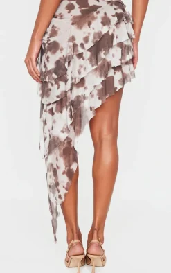 Brown Cow Print Mesh Rara Asymmetric Midaxi Skirt