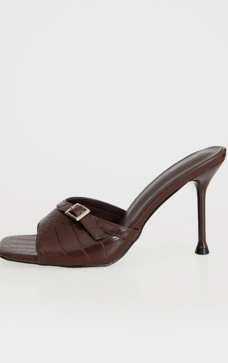 PrettyLittleThing Mules*Croc PU Square Toe Gold Buckle High Stiletto Heeled Mules