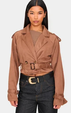 PrettyLittleThing Trench Coats*Cropped Faux Suede Belted Trench Coat