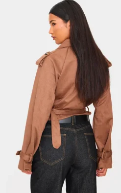 PrettyLittleThing Trench Coats*Cropped Faux Suede Belted Trench Coat