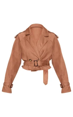 PrettyLittleThing Trench Coats*Cropped Faux Suede Belted Trench Coat