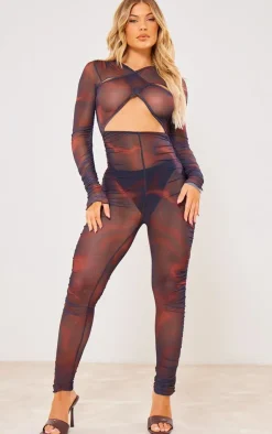 Cross Front Mesh Ruched Jumpsuit-PrettyLittleThing Online