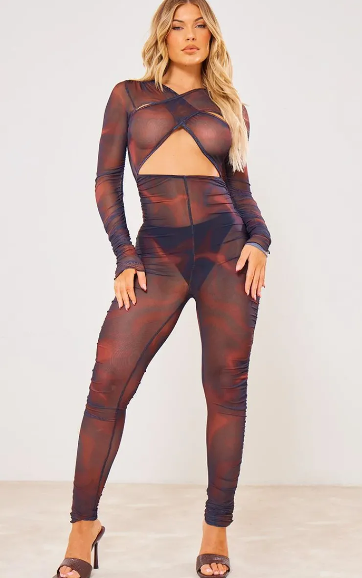 Cross Front Mesh Ruched Jumpsuit-PrettyLittleThing Online