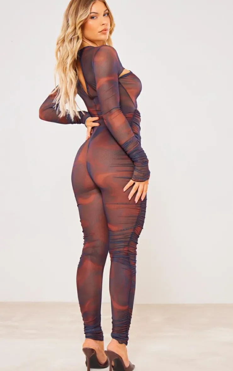 Cross Front Mesh Ruched Jumpsuit-PrettyLittleThing Online