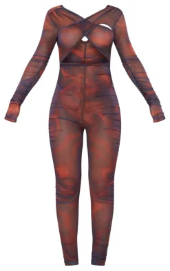 Cross Front Mesh Ruched Jumpsuit-PrettyLittleThing Online