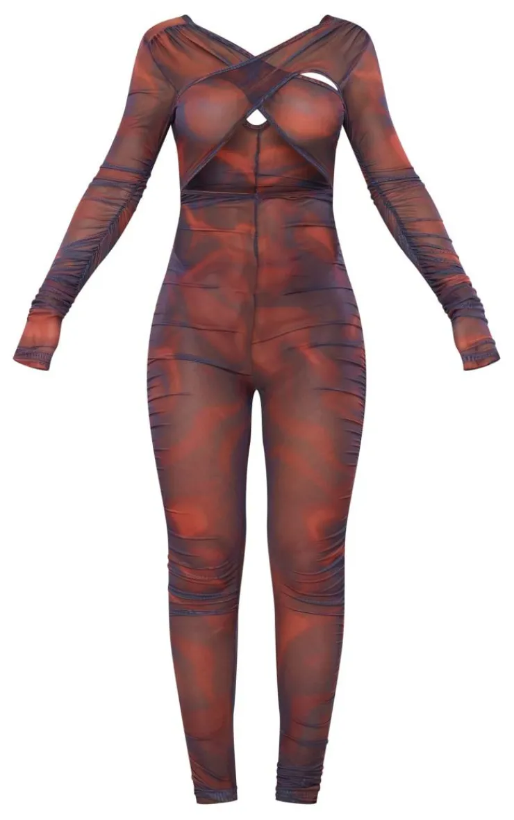 Cross Front Mesh Ruched Jumpsuit-PrettyLittleThing Online
