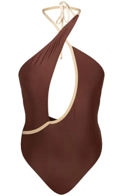 Brown Cut Out Contrast Detail Swimsuit