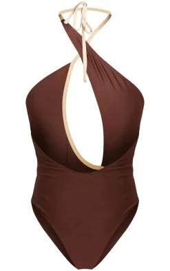 Brown Cut Out Contrast Detail Swimsuit