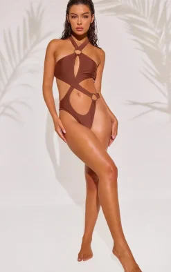 Brown Cut Out O Ring Halter Neck Swimsuit