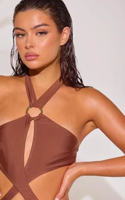 Brown Cut Out O Ring Halter Neck Swimsuit