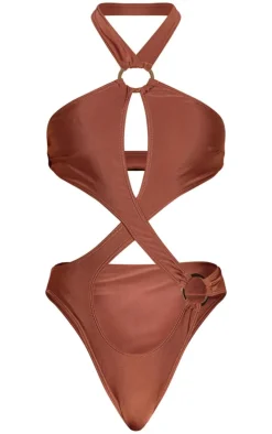 Brown Cut Out O Ring Halter Neck Swimsuit